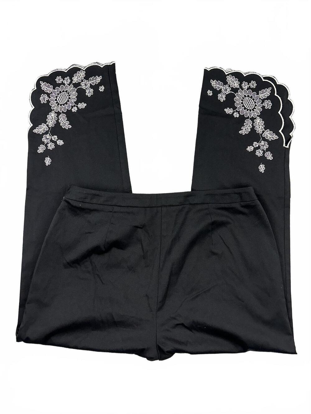 Nine & Co. Black Cropped Pants with White Floral Embroidery and Scalloped Hems